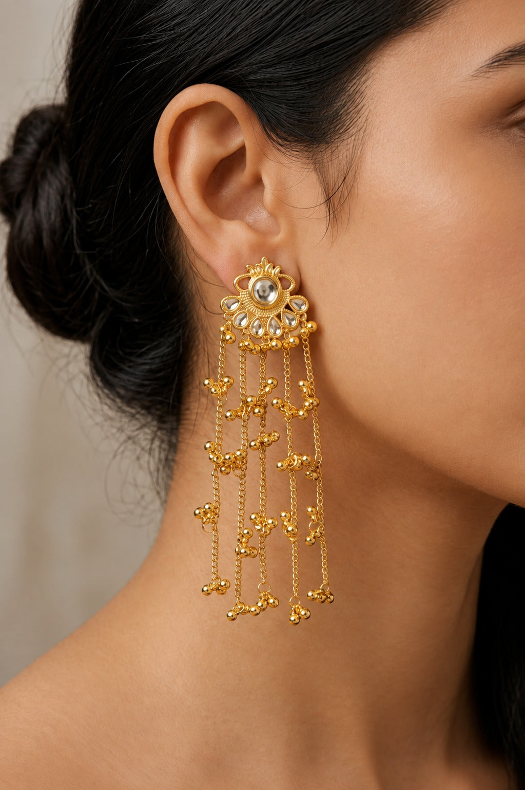 Gold Tone Kundan-Style Long Chain Earrings