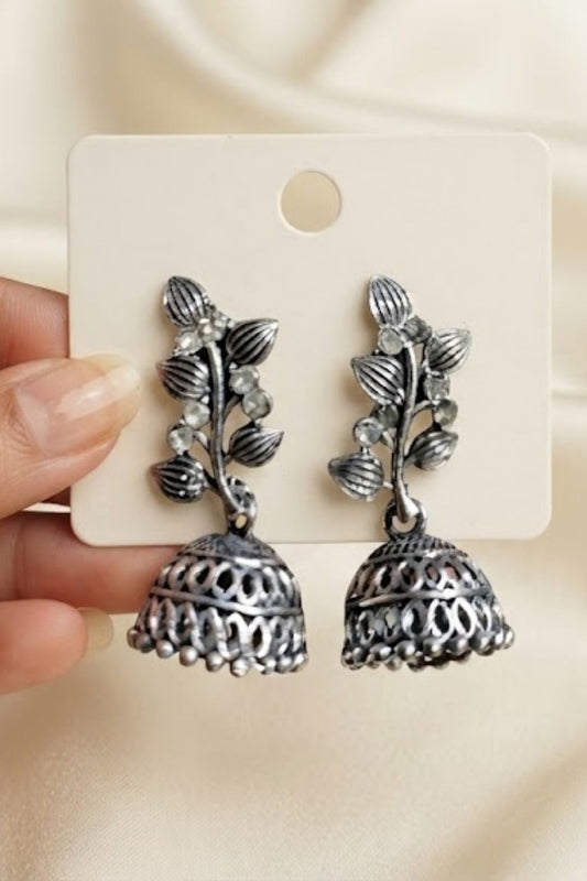 Oxidized Silver Floral Leaf Jhumka Earrings