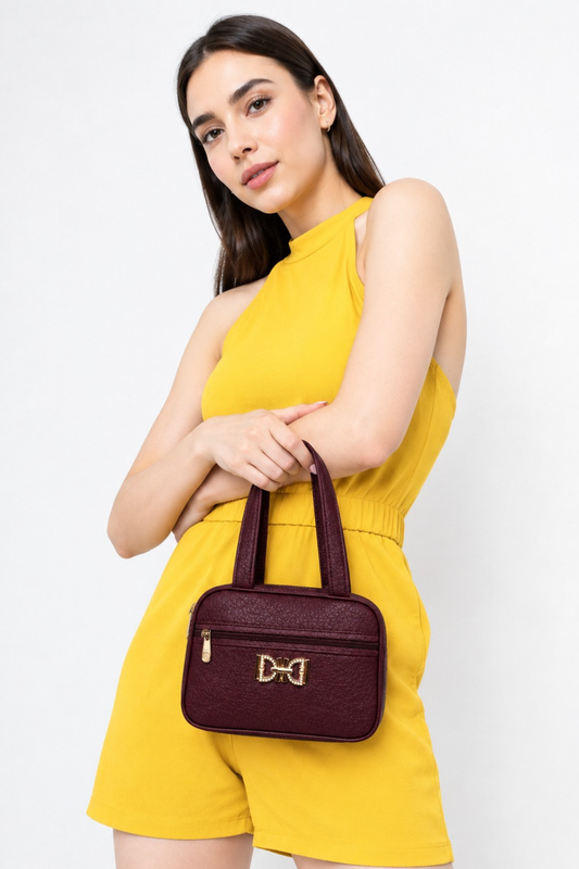 Elegant Choclate-Brown Structured Handbag with Gold Bow