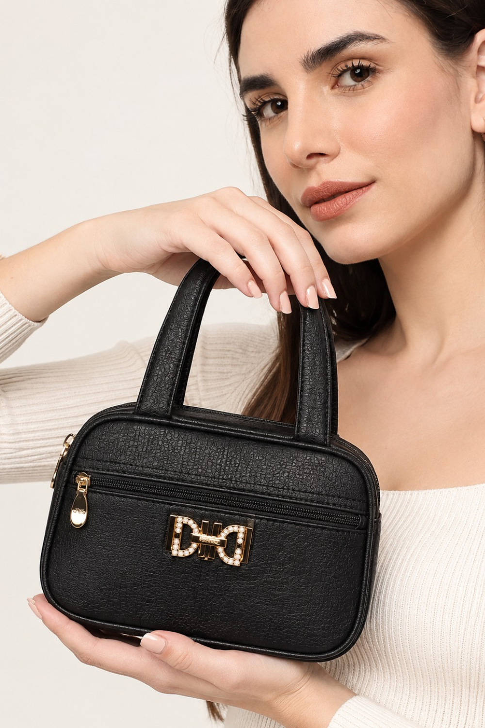 Elegant Black Structured Handbag with Gold Bow