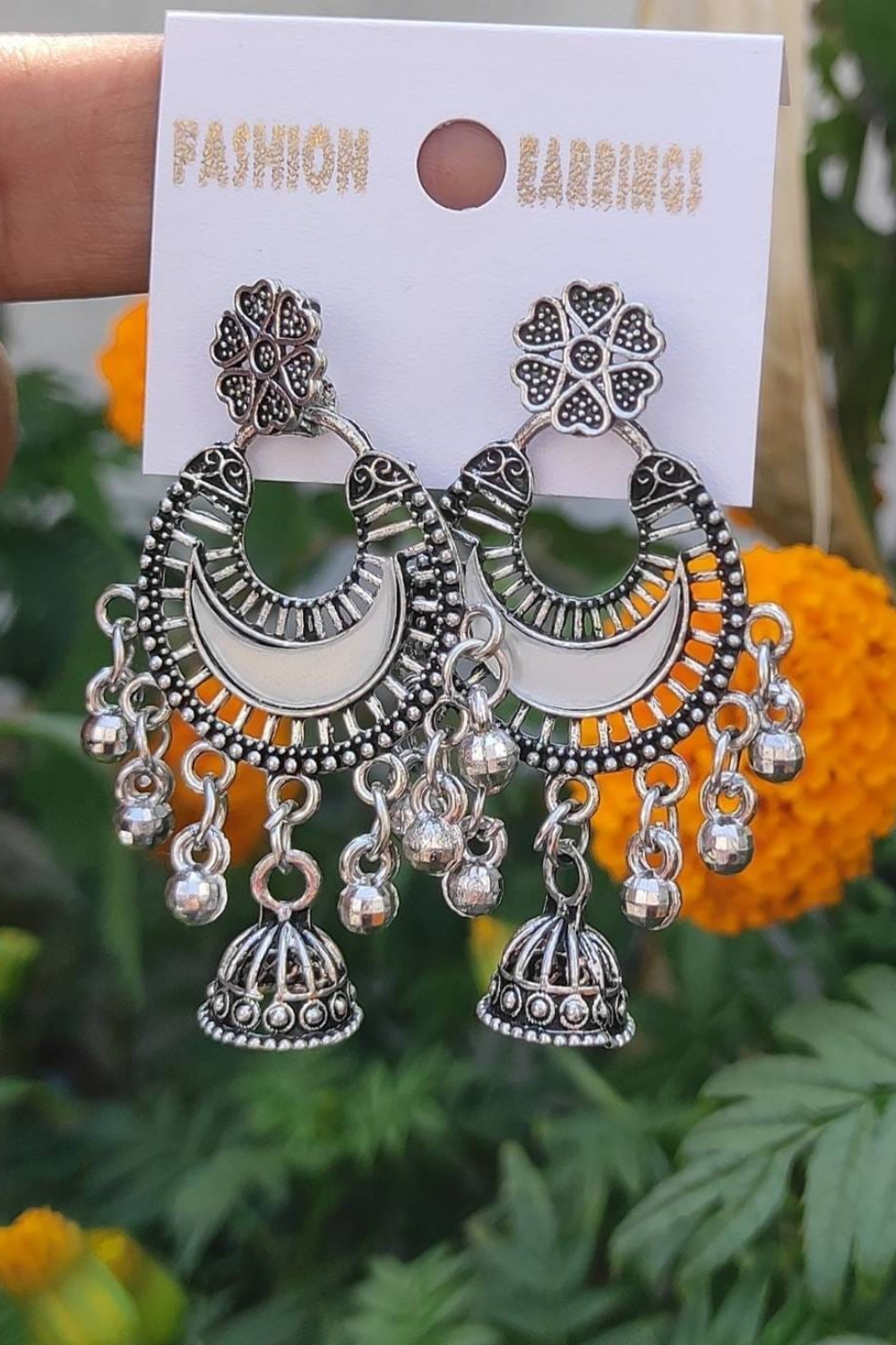 Oxidized Silver Chandbali Jhumka Earrings with Hanging Charms