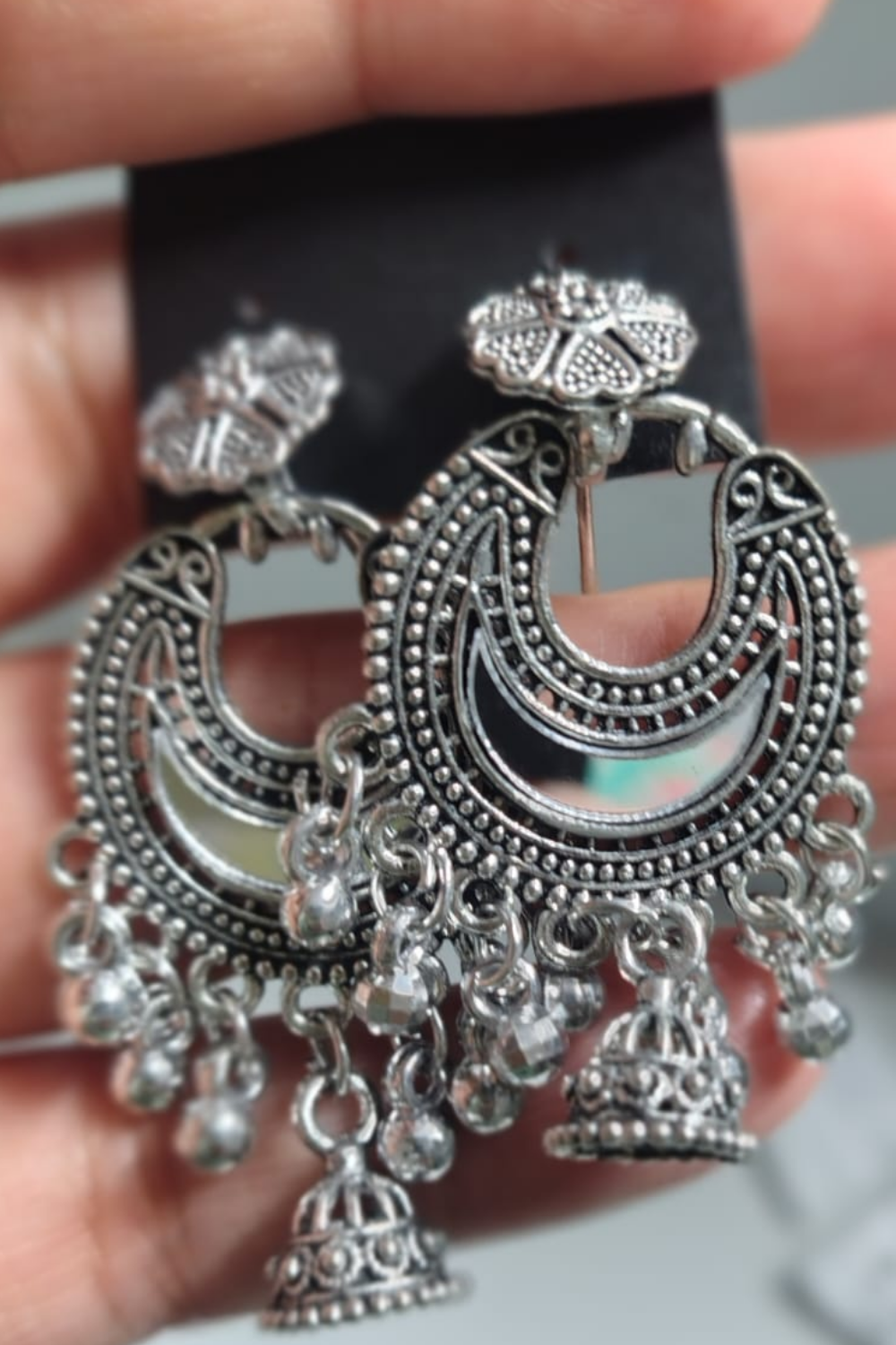 Oxidized Silver Chandbali Jhumka Earrings with Hanging Charms