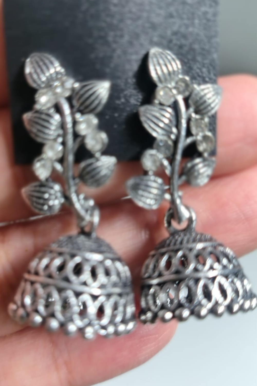 Oxidized Silver Floral Leaf Jhumka Earrings
