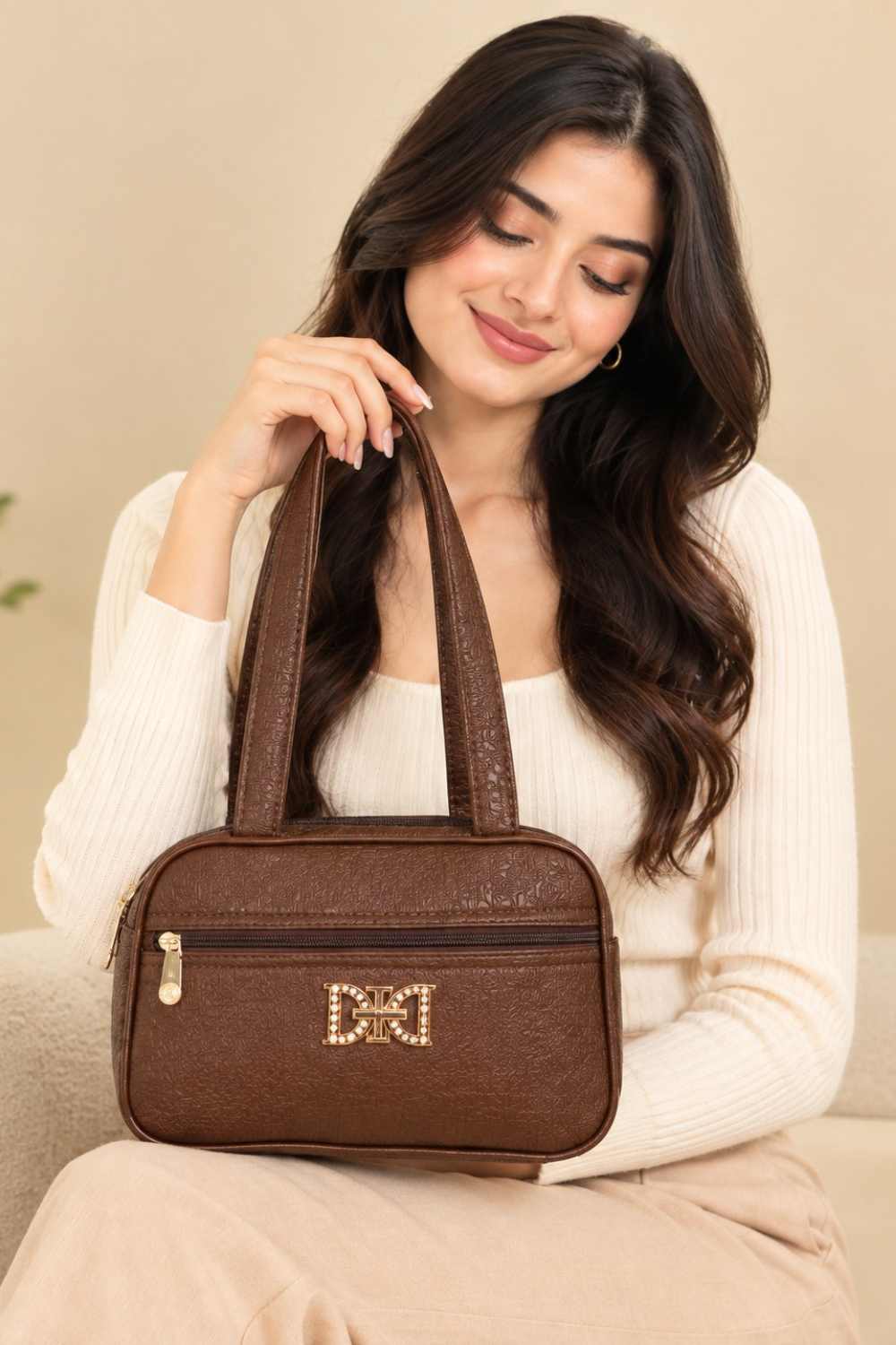 Elegant Brown Structured Handbag with Gold Bow