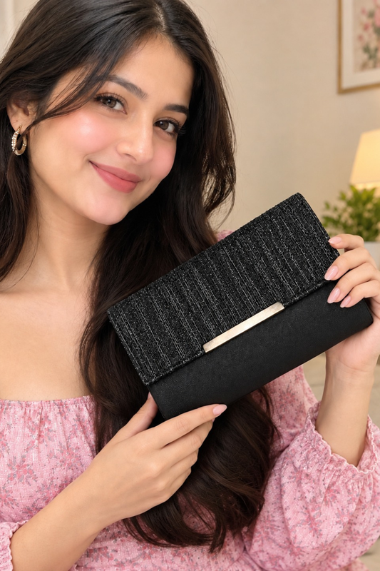 Kii Hoo Luxe Textured Black Clutch & Shoulder Bag