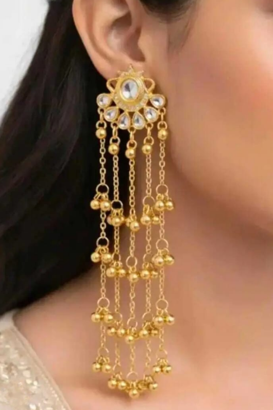 Gold Tone Kundan-Style Long Chain Earrings