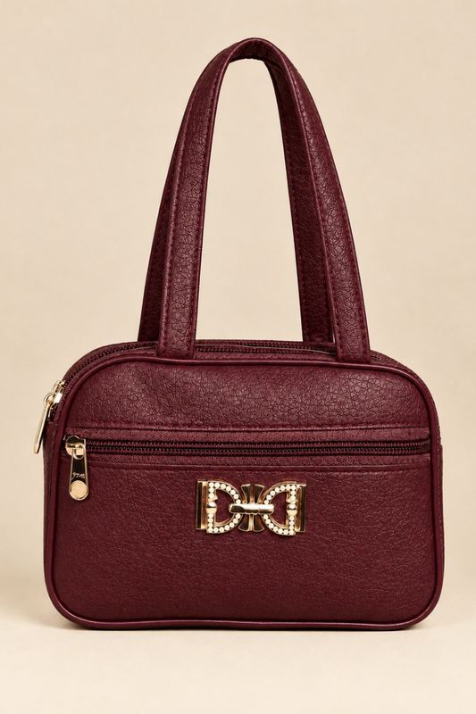 Elegant Maroon Structured Handbag with Gold Bow