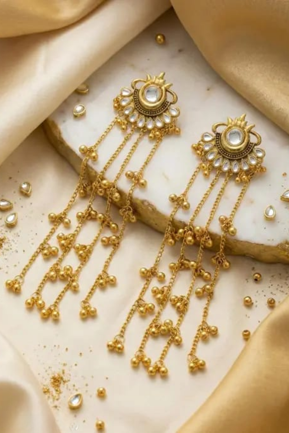 Gold Tone Kundan-Style Long Chain Earrings