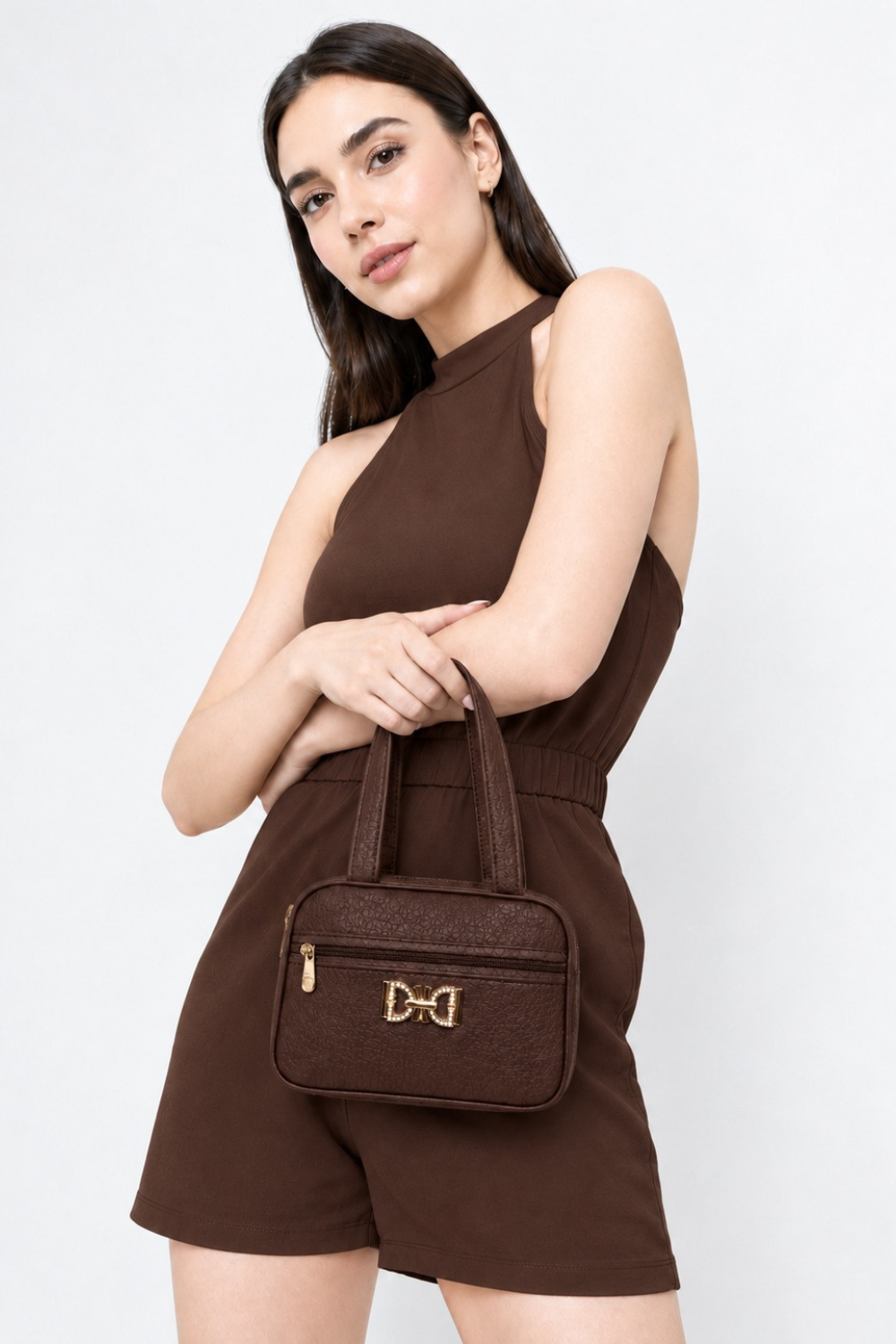 Elegant Brown Structured Handbag with Gold Bow