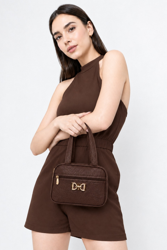 Elegant Brown Structured Handbag with Gold Bow