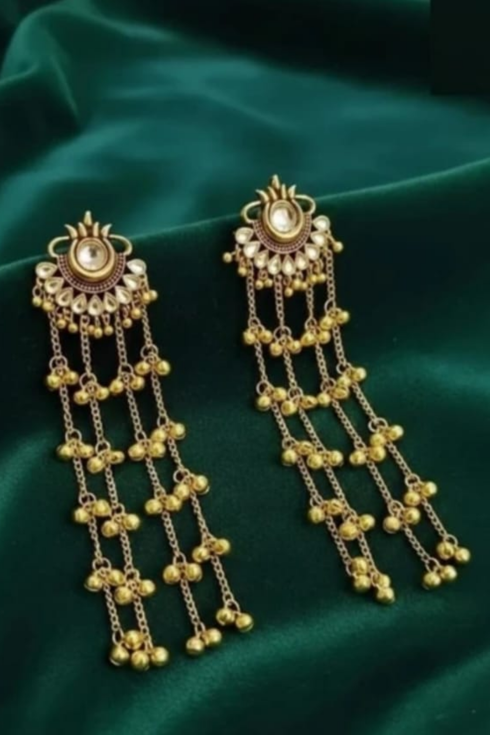 Gold Tone Kundan-Style Long Chain Earrings