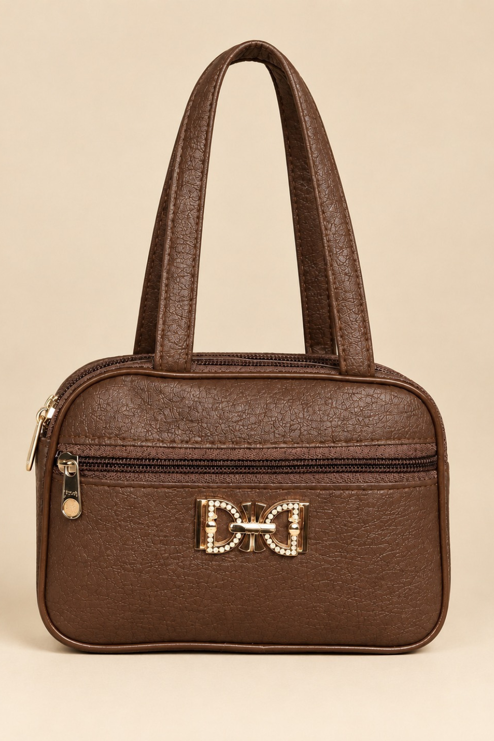 Elegant Brown Structured Handbag with Gold Bow