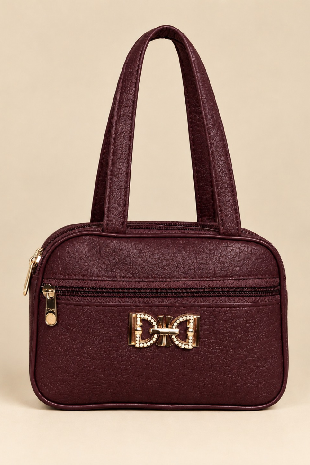 Elegant Choclate-Brown Structured Handbag with Gold Bow