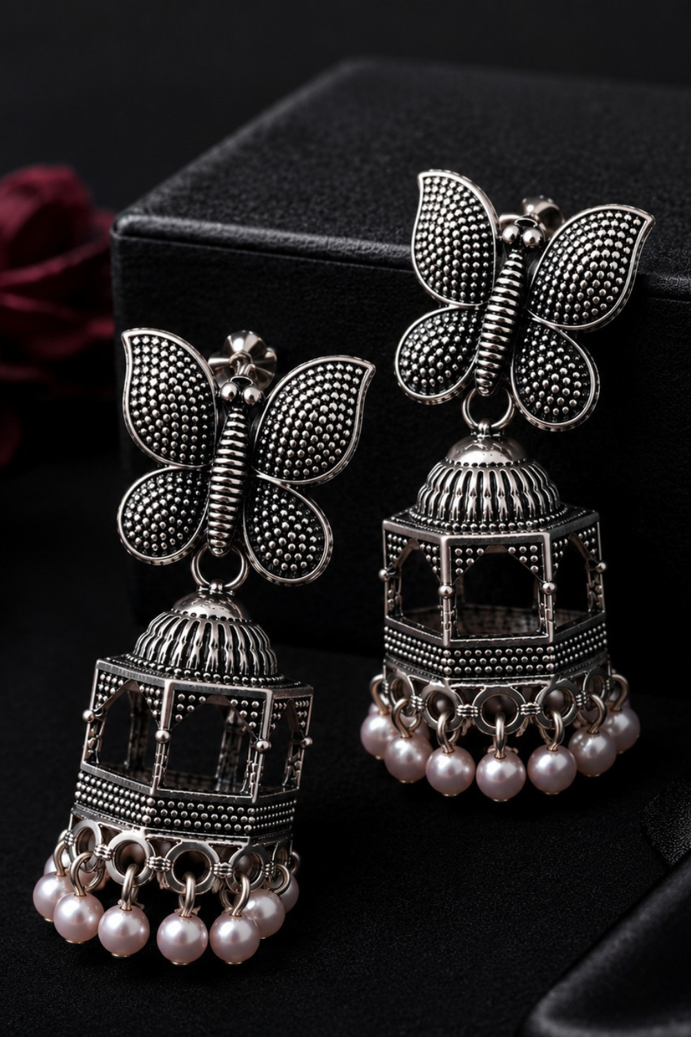 Oxidized Silver Butterfly Pearl Jhumka Earrings