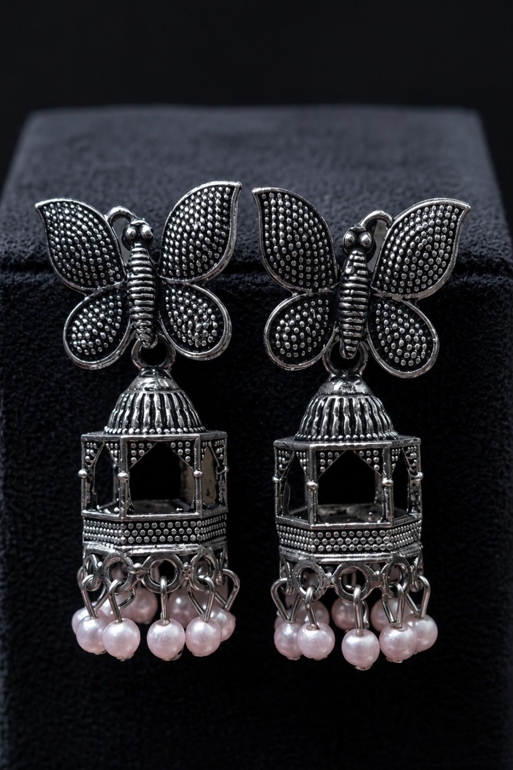 Oxidized Silver Butterfly Pearl Jhumka Earrings