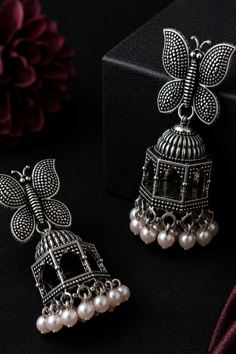 Oxidized Silver Butterfly Pearl Jhumka Earrings