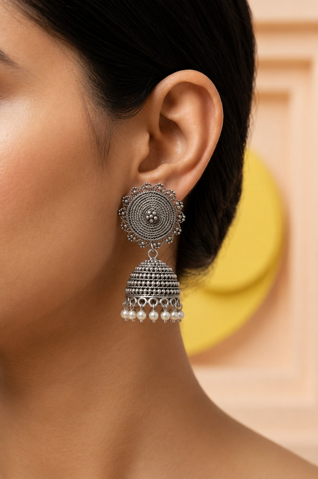 Oxidized Silver Circle Jhumka Earring