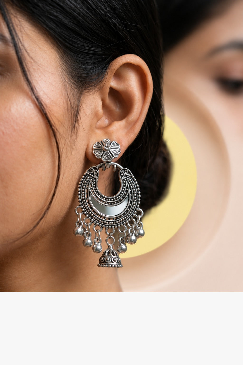 Oxidized Silver Chandbali Jhumka Earrings with Hanging Charms