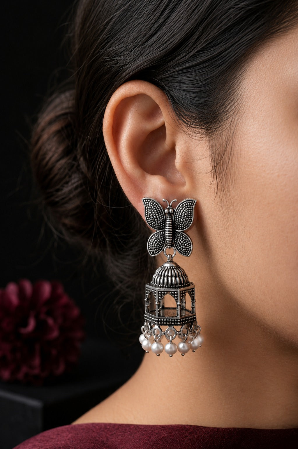 Oxidized Silver Butterfly Pearl Jhumka Earrings