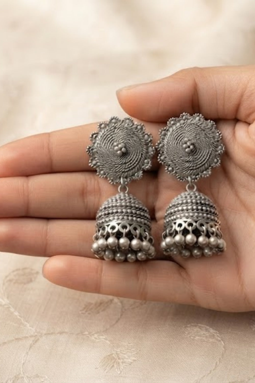 Oxidized Silver Circle Jhumka Earring