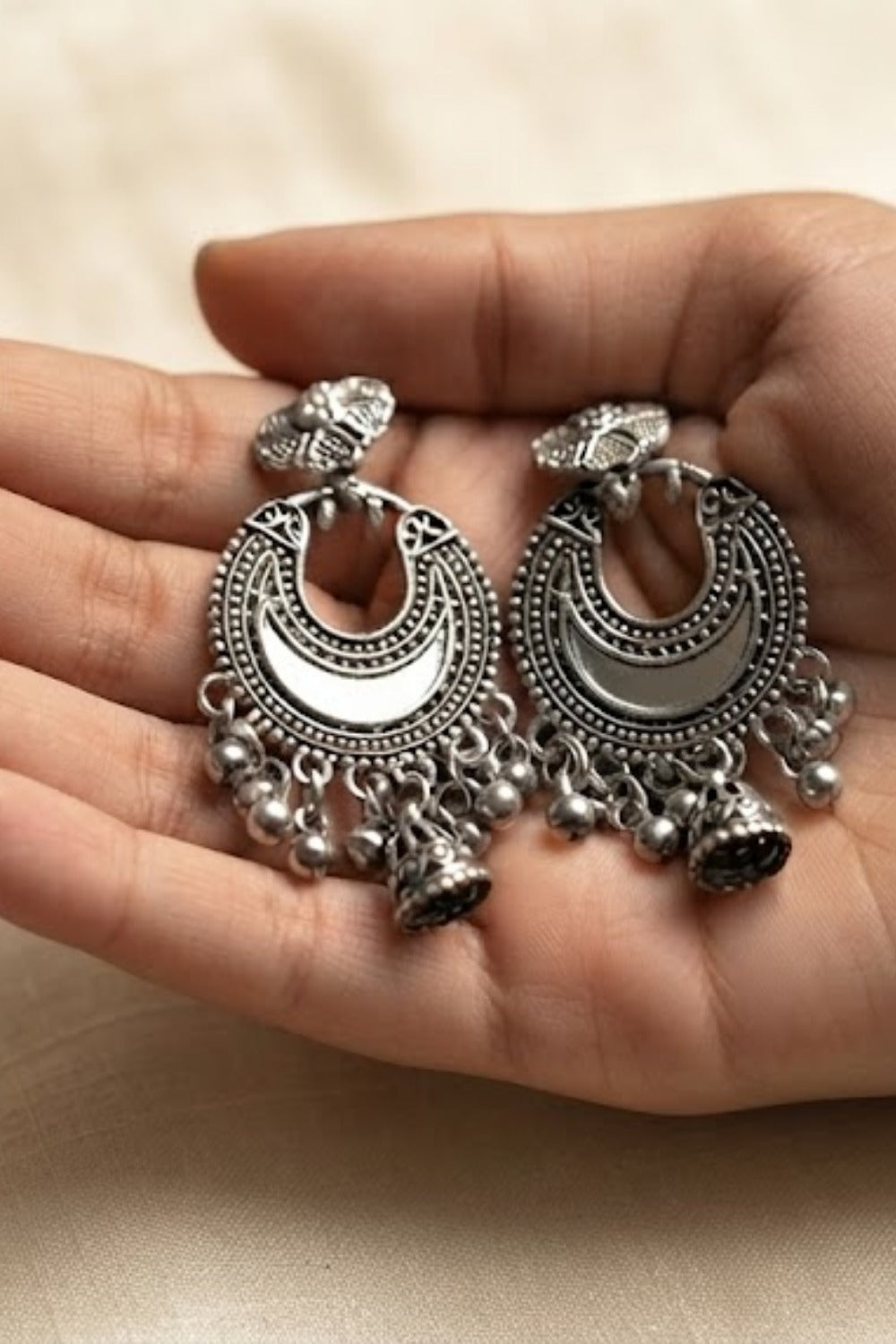 Oxidized Silver Chandbali Jhumka Earrings with Hanging Charms