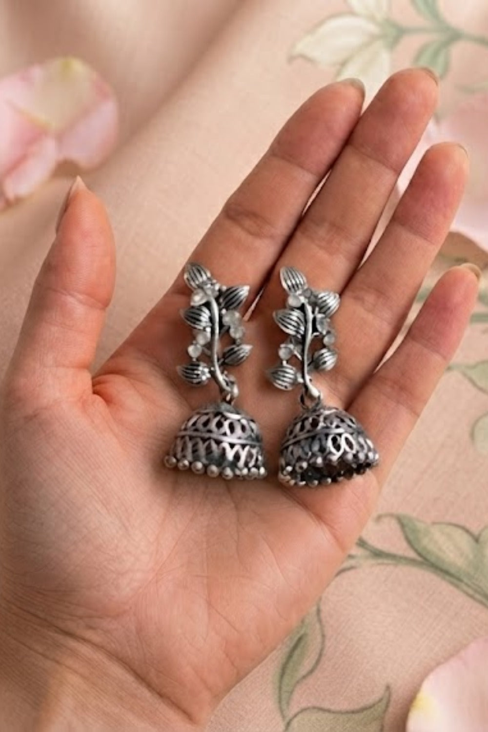 Oxidized Silver Floral Leaf Jhumka Earrings
