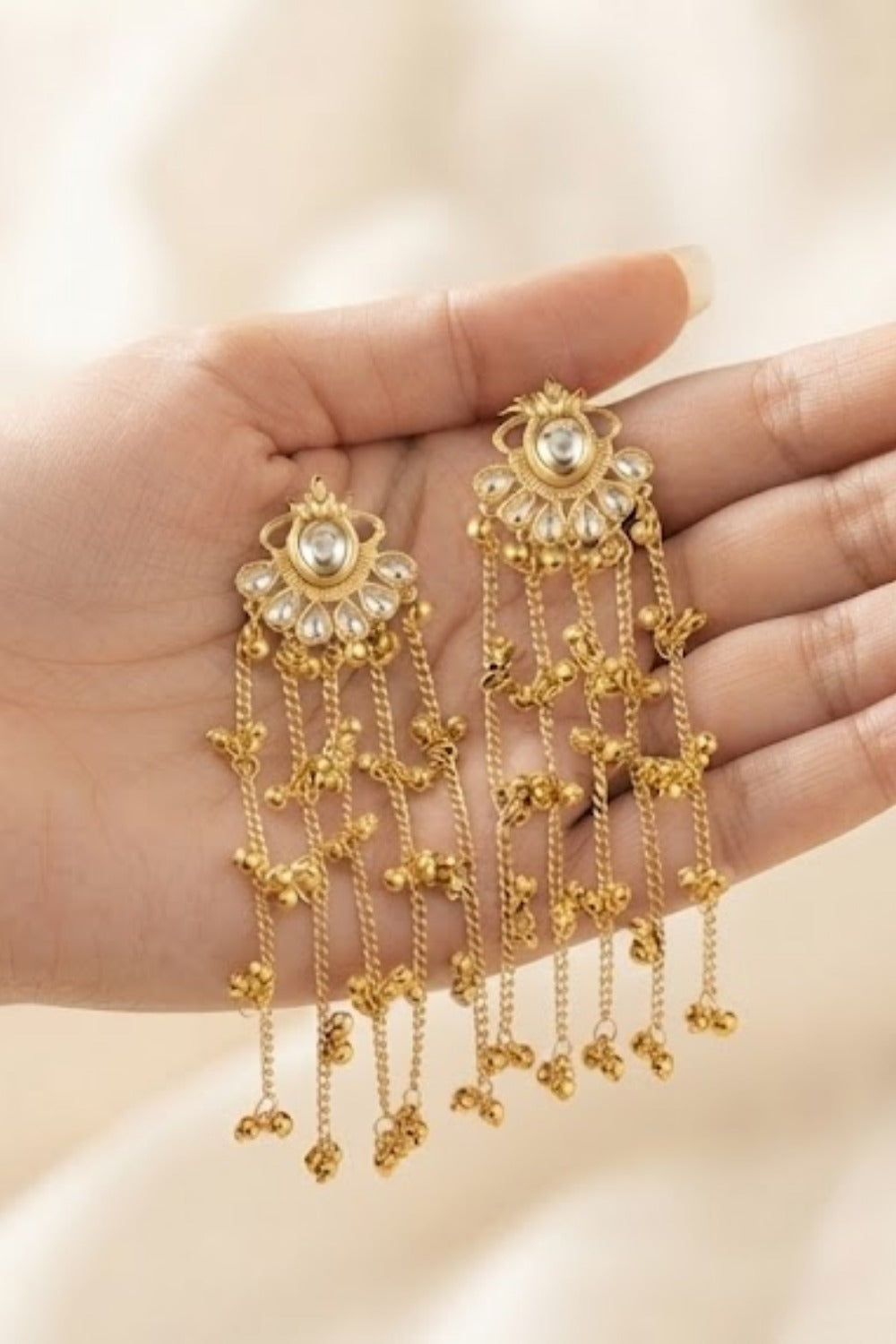 Gold Tone Kundan-Style Long Chain Earrings