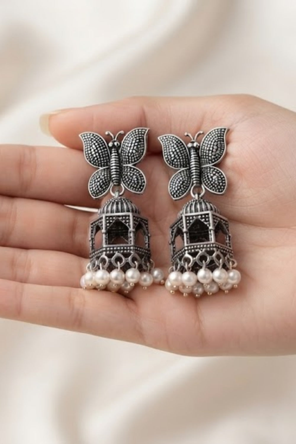 Oxidized Silver Butterfly Pearl Jhumka Earrings