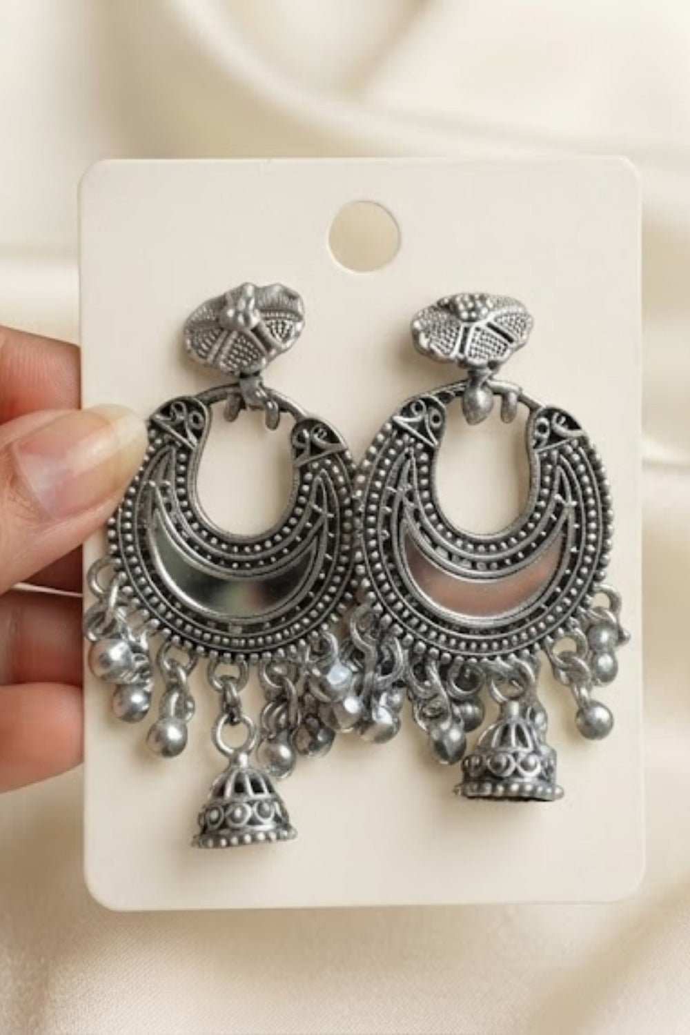 Oxidized Silver Chandbali Jhumka Earrings with Hanging Charms