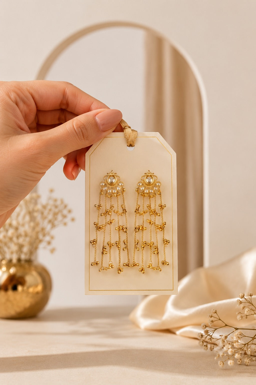 Gold Tone Kundan-Style Long Chain Earrings