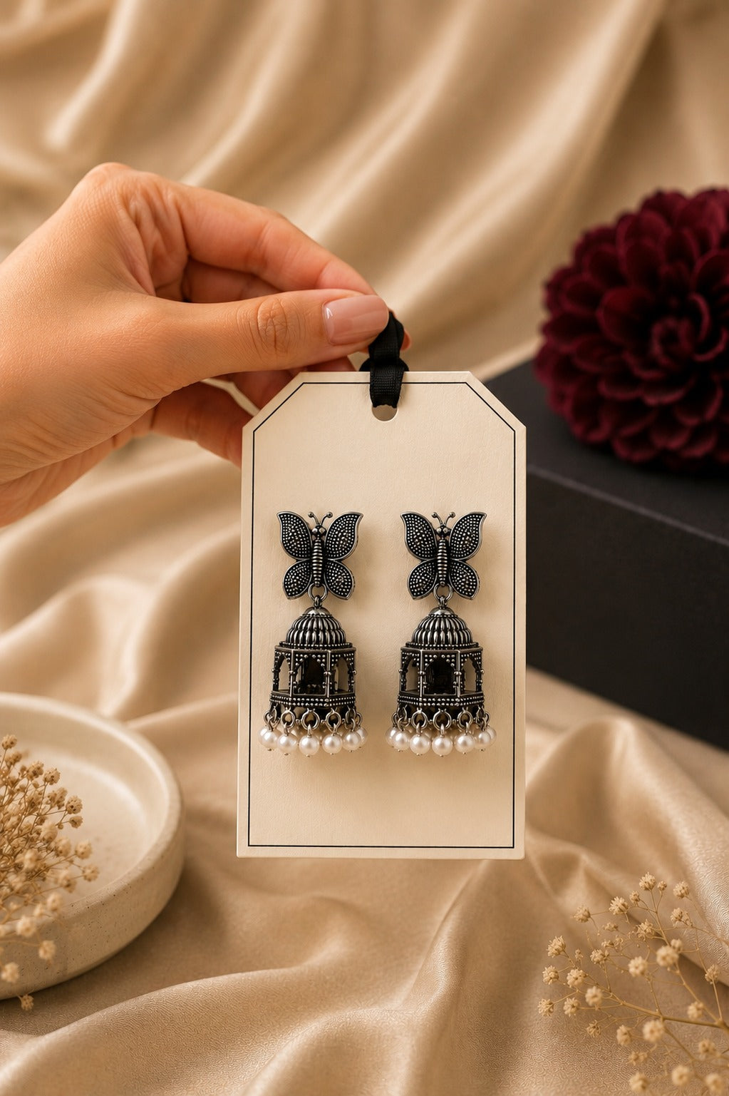 Oxidized Silver Butterfly Pearl Jhumka Earrings